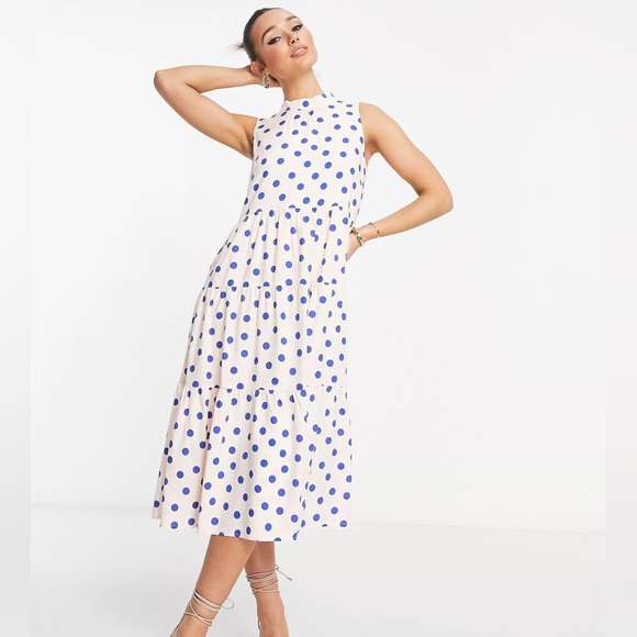 Y.A.S high neck tiered midi dress in pink & blue dot - Picture 1 of 12